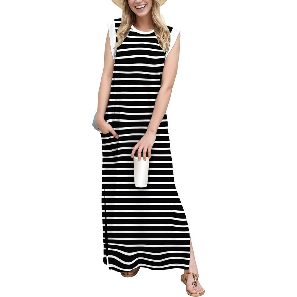 Grecerelle Women Black White Round Neck Loose Split Wrinkle-Free Long Maxi Dress